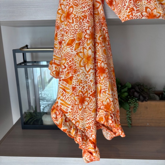 Boho Tie Front Blouse - Ruffle Edged Sleeves - Orange Floral Print - Picture 5 of 5